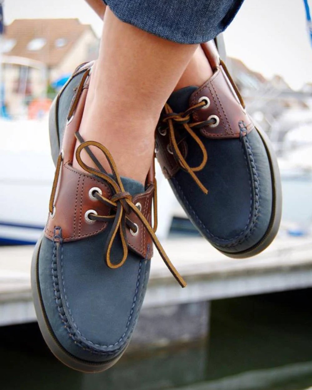 Navy/Oak Coloured Orca Bay Oakland Mens Deck Shoes On A Coastal Background 
