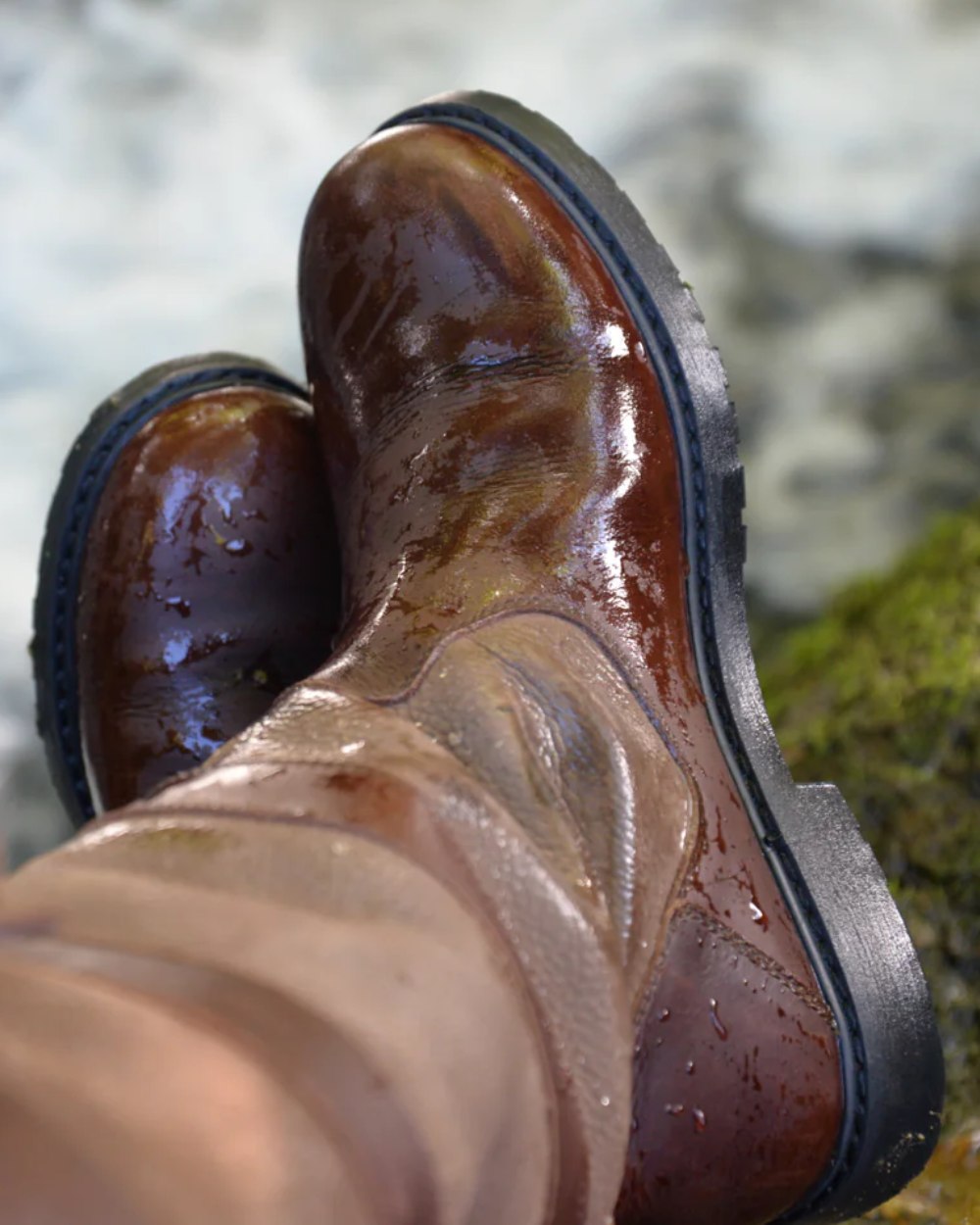 Brown Coloured Orca Bay Orkney R-Fit Country Boots On A Waterfall Background