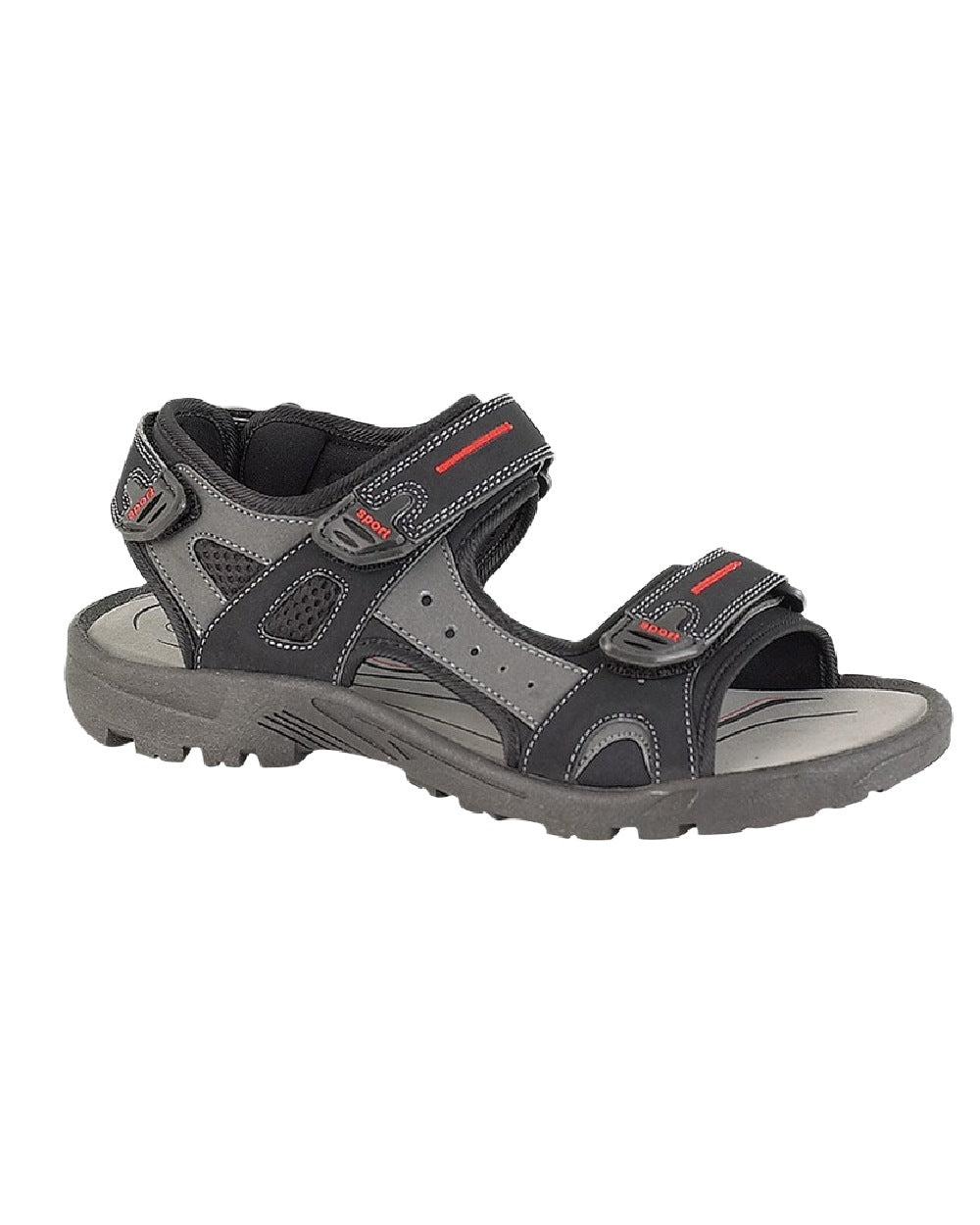 Black Grey Coloured PDQ Mens Triple Touch Fastening Sports Sandals on White Background
