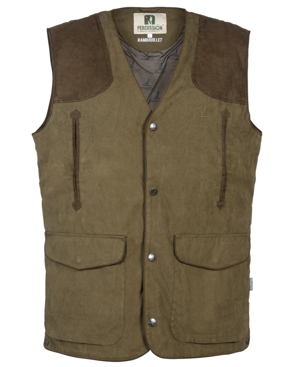 Khaki Coloured Percussion Rambouillet Original Waterproof Waistcoat On A White Background