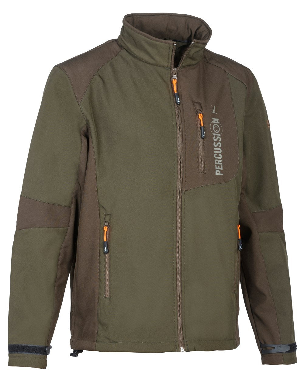 Green Brown coloured Percussion Softshell Waterproof Jacket on white background 