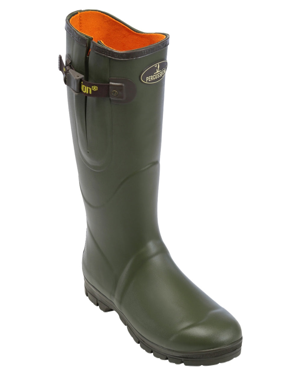 Khaki Coloured Percussion Sologne Rubber Neoprene Wellington Boots On A White Background