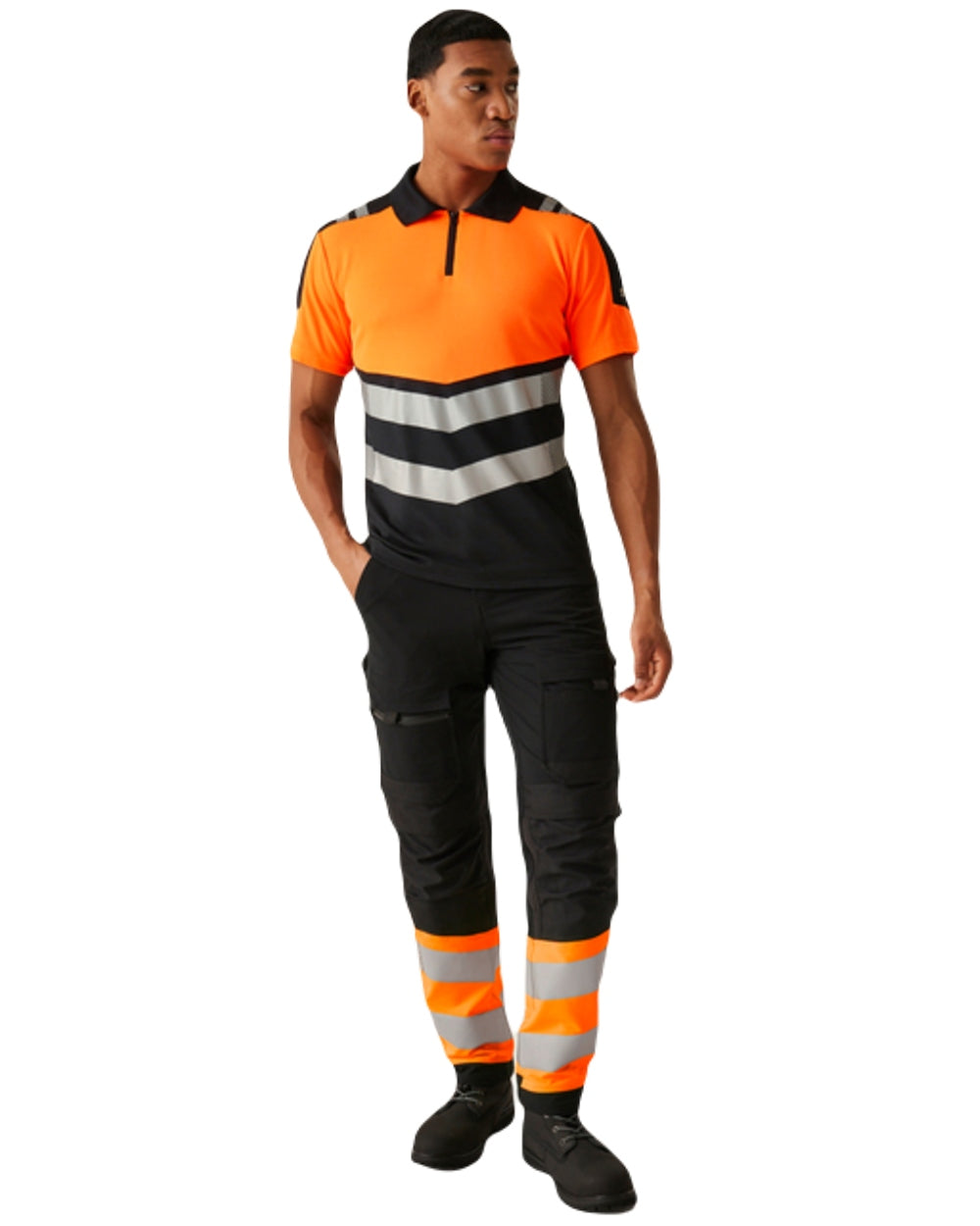 Black Orange Coloured Regatta Mens Hi-Vis X-Pro Polo Class 1 on White Background
