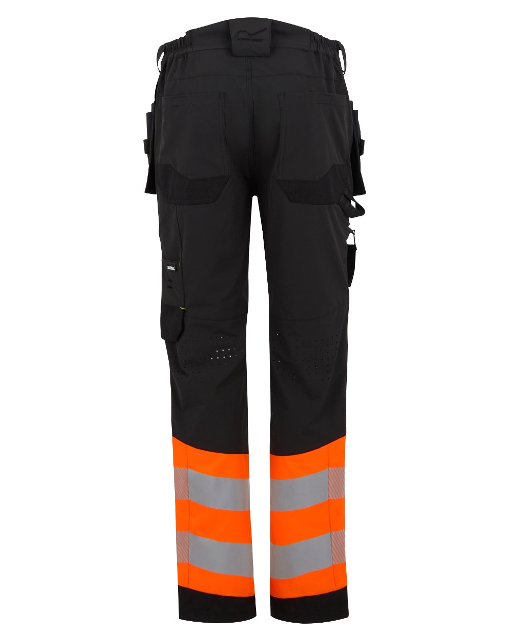 Black Orange Coloured Regatta Mens Hi-Vis X-Pro Stretch Holster Trousers Class 1 on White Background

