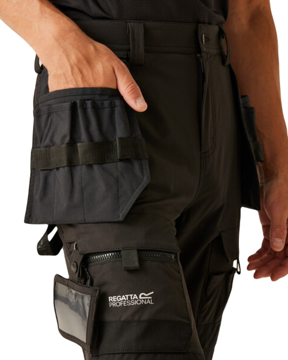 Black Orange Coloured Regatta Mens Hi-Vis X-Pro Stretch Holster Trousers Class 1 on White Background
