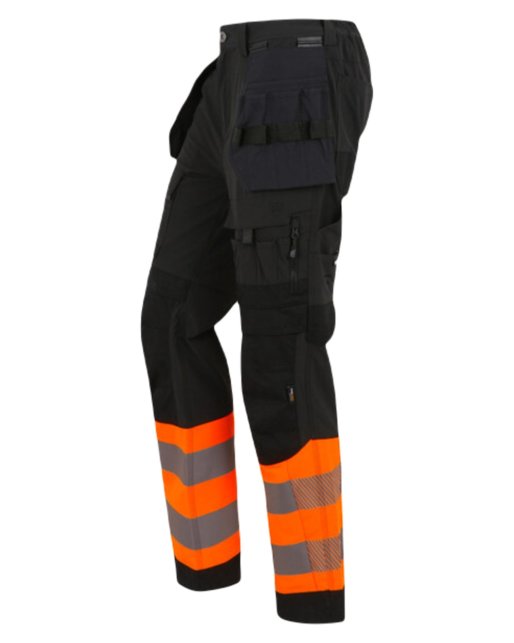 Black Orange Coloured Regatta Mens Hi-Vis X-Pro Stretch Holster Trousers Class 1 on White Background
