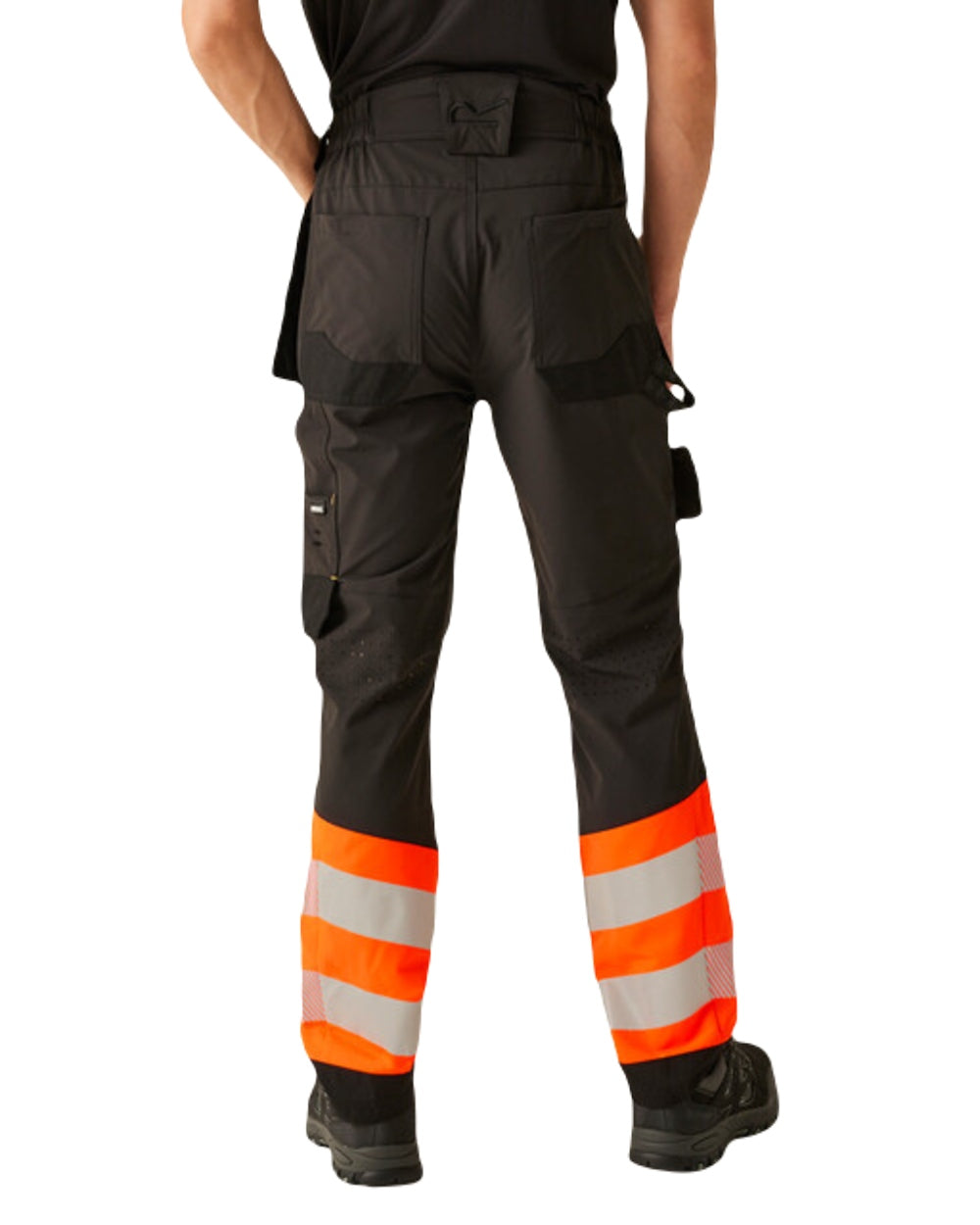 Black Orange Coloured Regatta Mens Hi-Vis X-Pro Stretch Holster Trousers Class 1 on White Background
