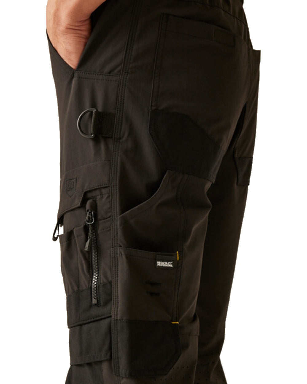 Black Orange Coloured Regatta Mens Hi-Vis X-Pro Stretch Holster Trousers Class 1 on White Background

