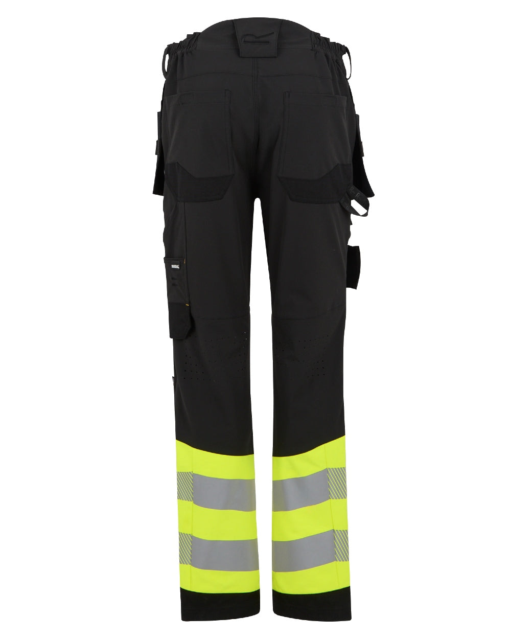 Black Yellow Coloured Regatta Mens Hi-Vis X-Pro Stretch Holster Trousers Class 1 on White Background
