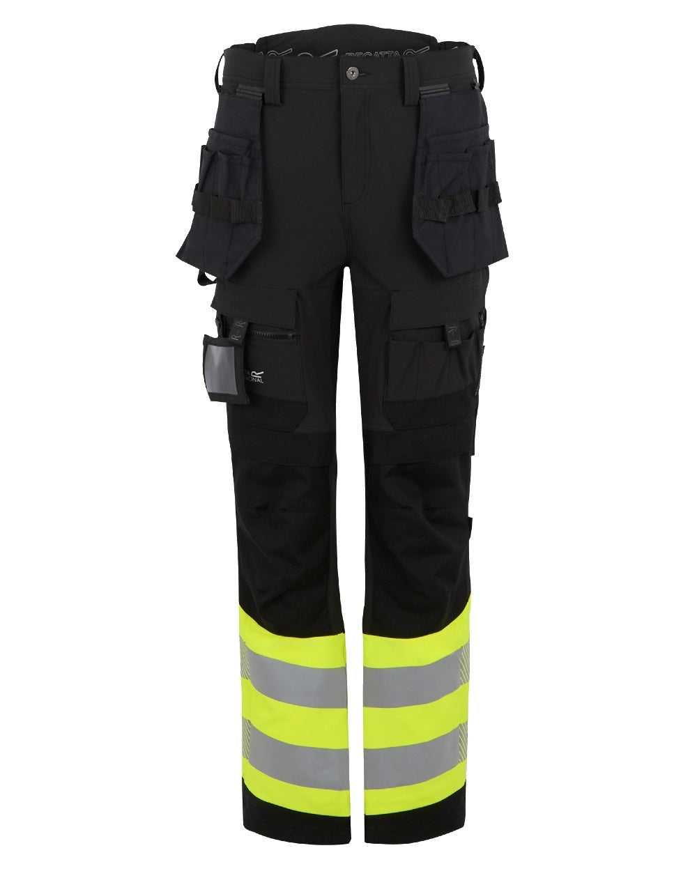 Black Yellow Coloured Regatta Mens Hi-Vis X-Pro Stretch Holster Trousers Class 1 on White Background
