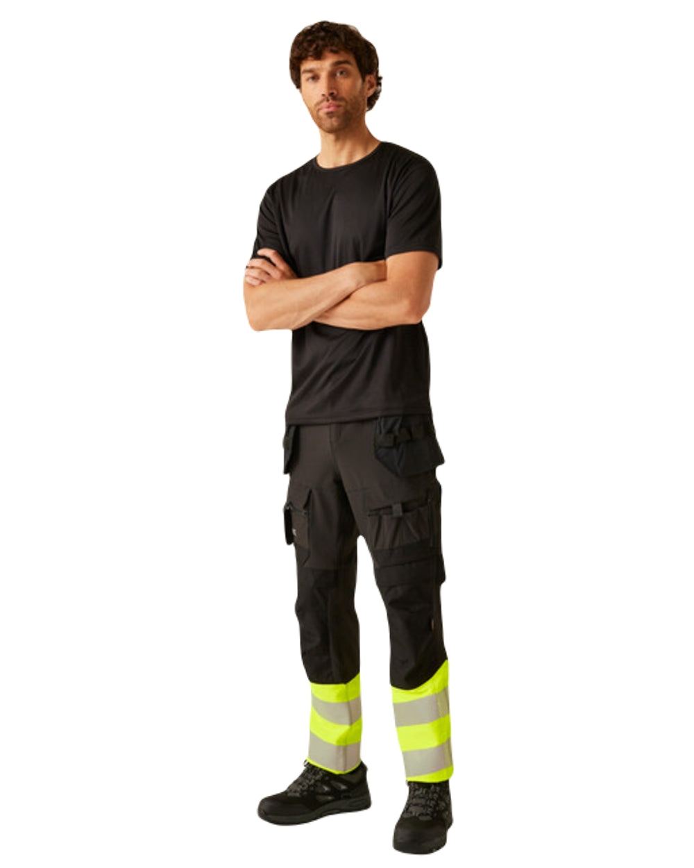 Black Yellow Coloured Regatta Mens Hi-Vis X-Pro Stretch Holster Trousers Class 1 on White Background
