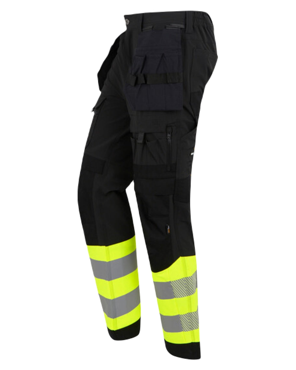 Black Yellow Coloured Regatta Mens Hi-Vis X-Pro Stretch Holster Trousers Class 1 on White Background
