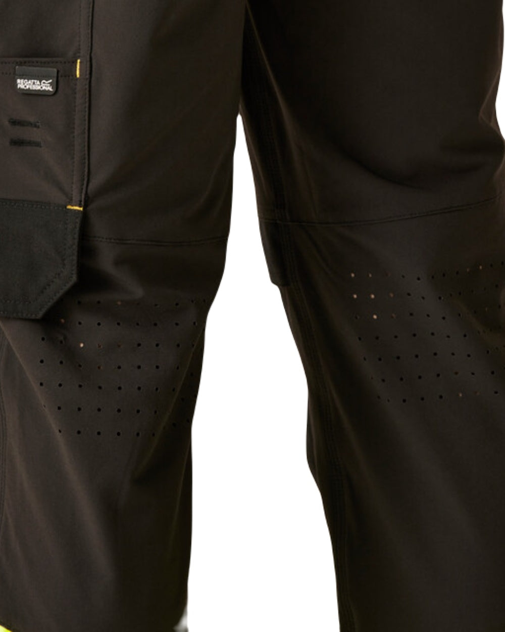 Black Yellow Coloured Regatta Mens Hi-Vis X-Pro Stretch Holster Trousers Class 1 on White Background
