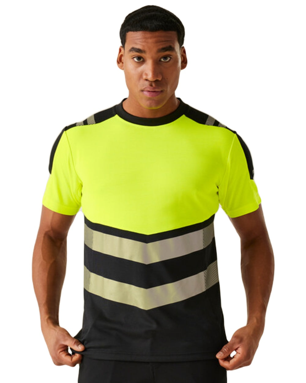 Black Yellow Coloured Regatta Mens Hi-Vis X-Pro T-Shirt Class 1 on White Background
