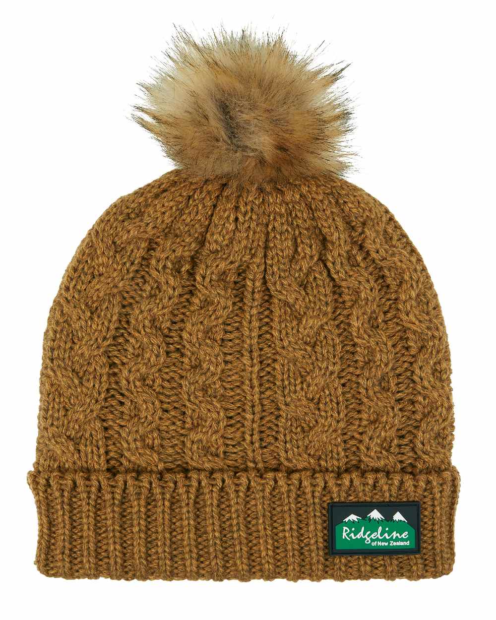 Ochre Coloured Ridgeline Nordic Fleck Bobble Hat on white background 