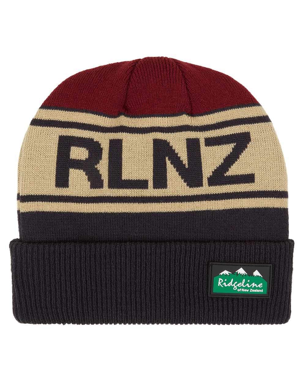 Navy Multi Coloured Ridgeline RLNZ Knitted Beanie On A White Background 