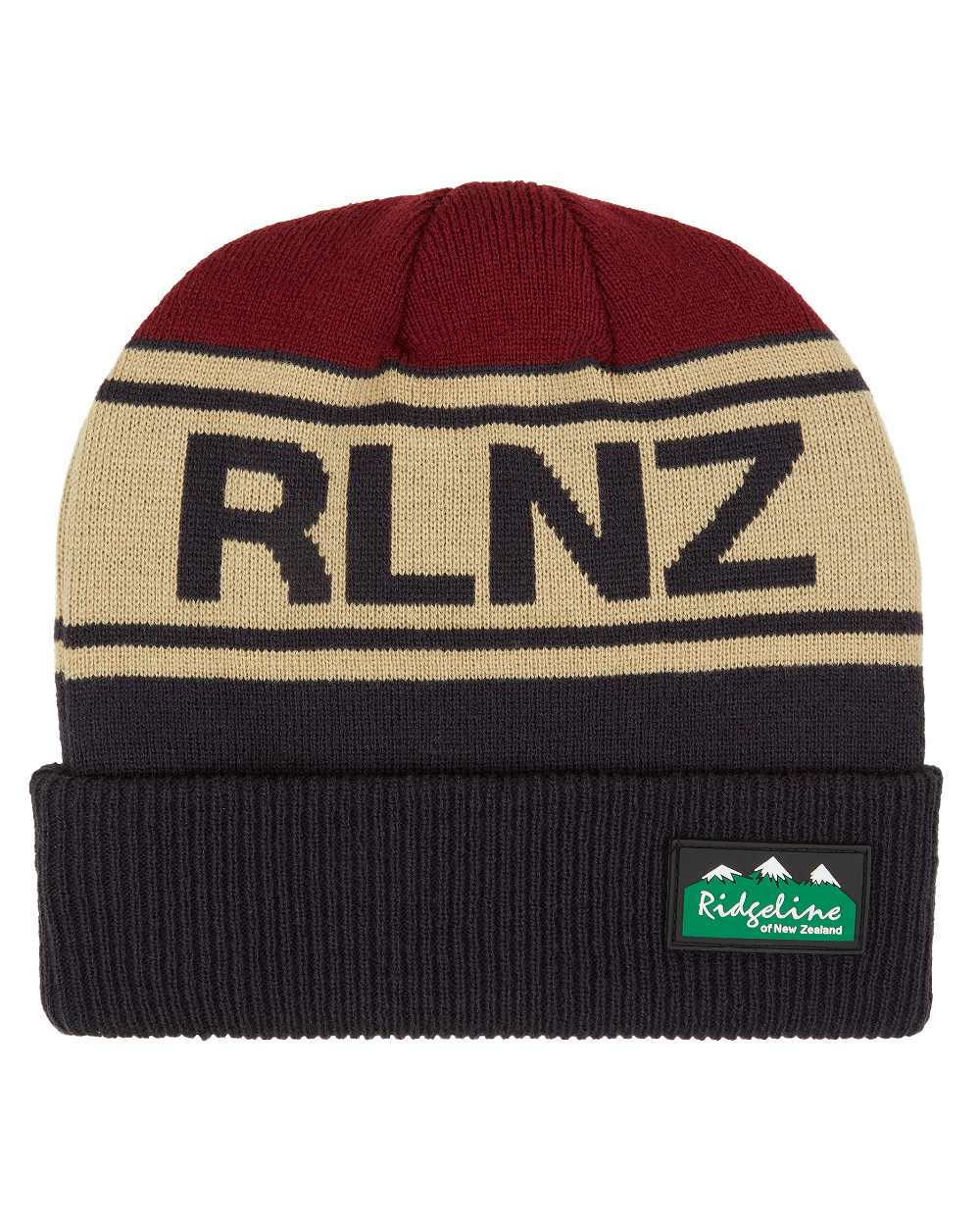 Navy Multi Coloured Ridgeline RLNZ Knitted Beanie on white background 
