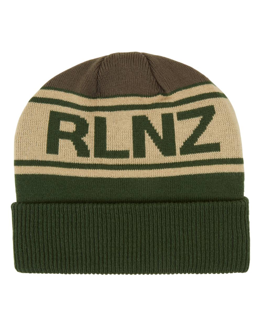 Olive Multi Coloured Ridgeline RLNZ Knitted Beanie On A White Background 