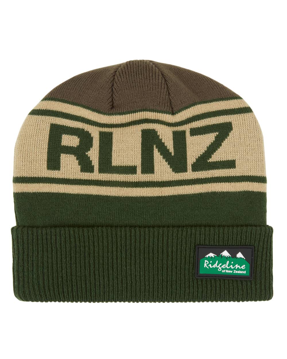 Olive Multi Coloured Ridgeline RLNZ Knitted Beanie on white background 