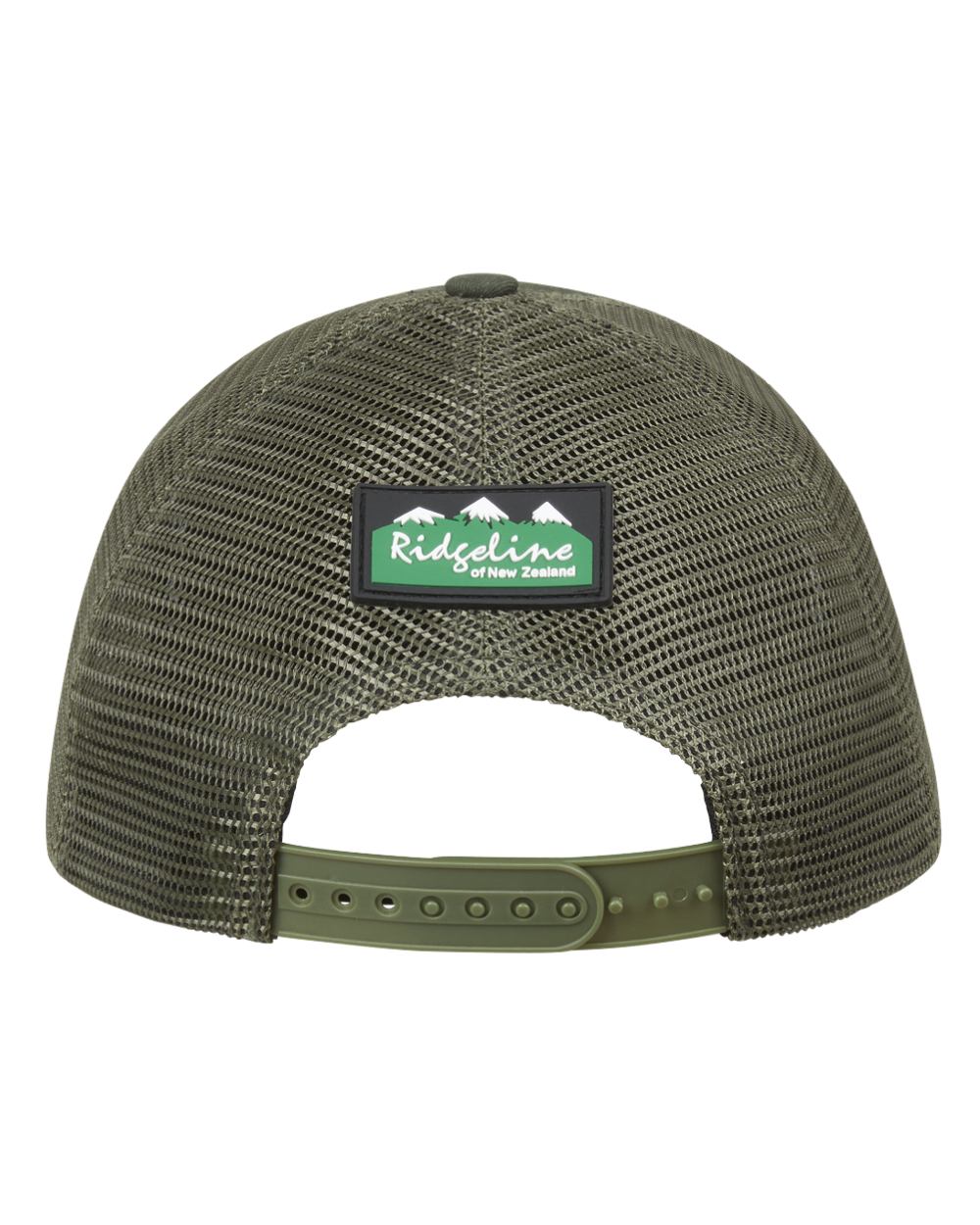 Olive Coloured Ridgeline RLNZ Trucker Cap on white background 
