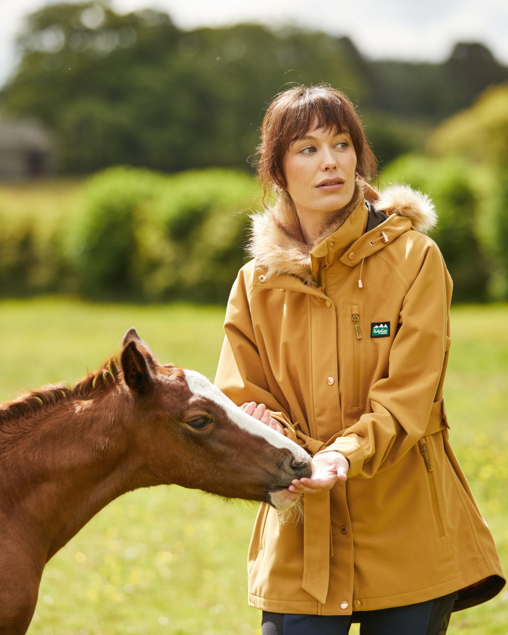 Ochre Coloured Ridgeline Ladies Monsoon Nordic Jacket on outdoor background 