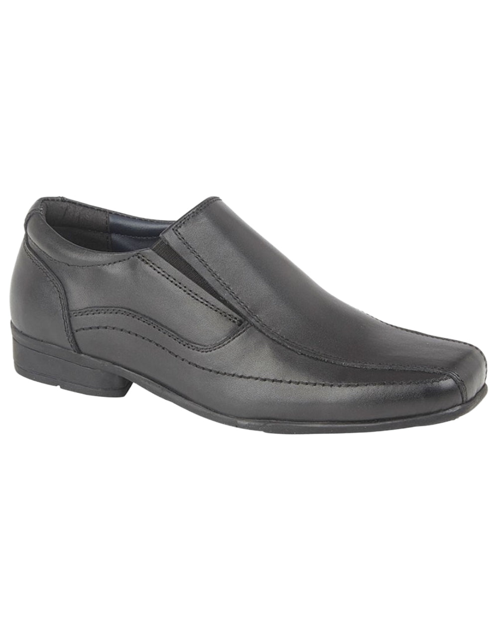 Black Coloured Roamers Childrens Black Leather Shoes on White Background
