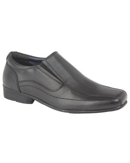 Black Coloured Roamers Childrens Black Leather Shoes on White Background
