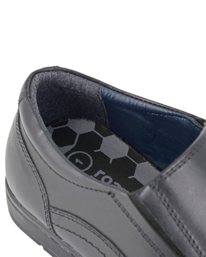 Black Coloured Roamers Childrens Black Leather Shoes on White Background
