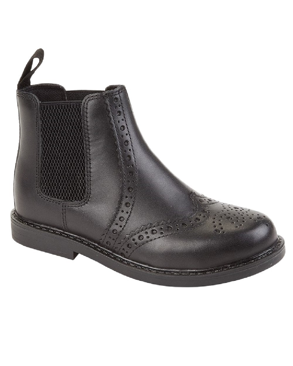 Black Coloured Roamers Childrens Black Leather Shoes on White Background
