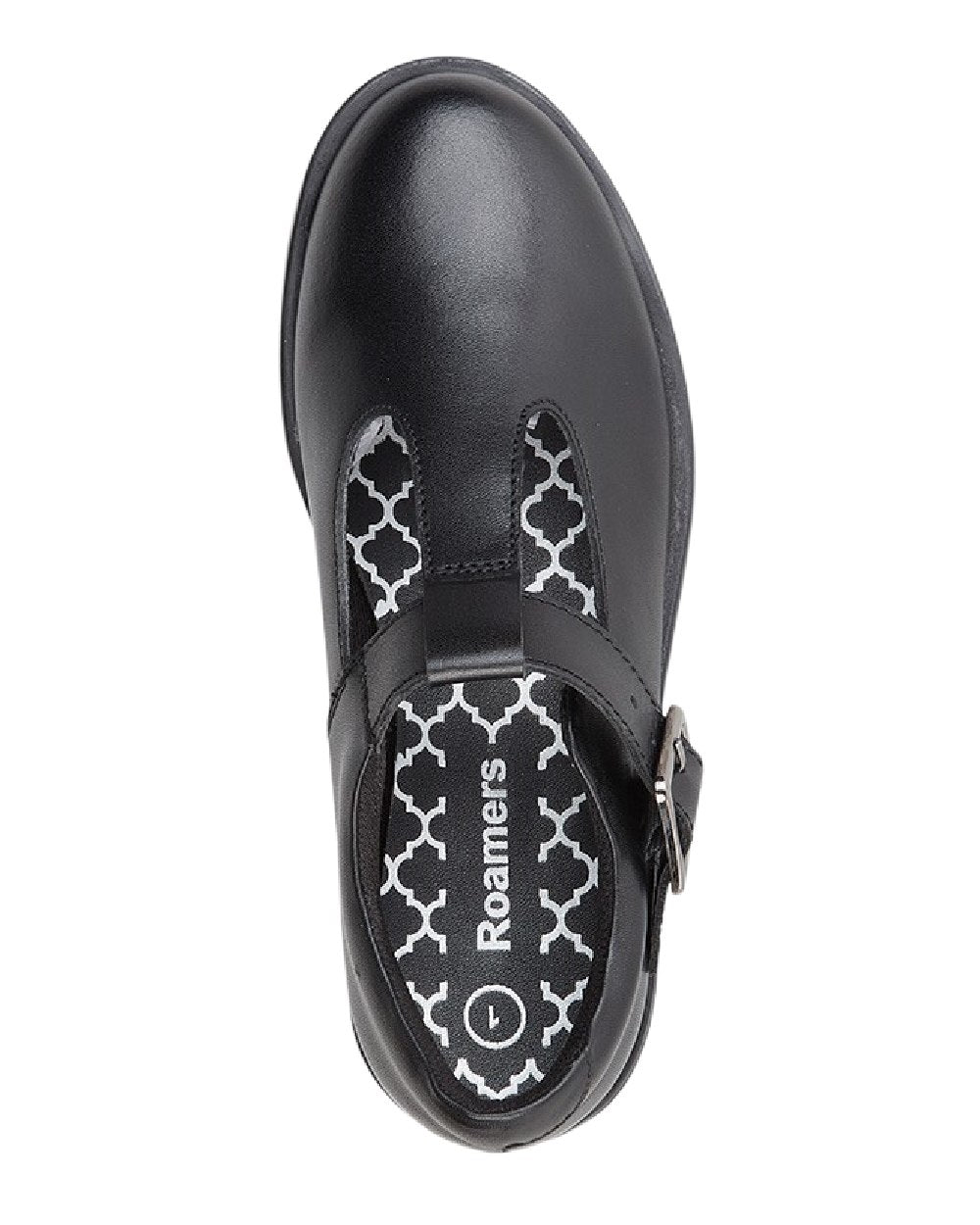 Black Coloured Roamers Childrens T Bar Adjustable Buckle School Shoes on White Background
