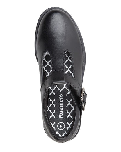 Black Coloured Roamers Childrens T Bar Adjustable Buckle School Shoes on White Background
