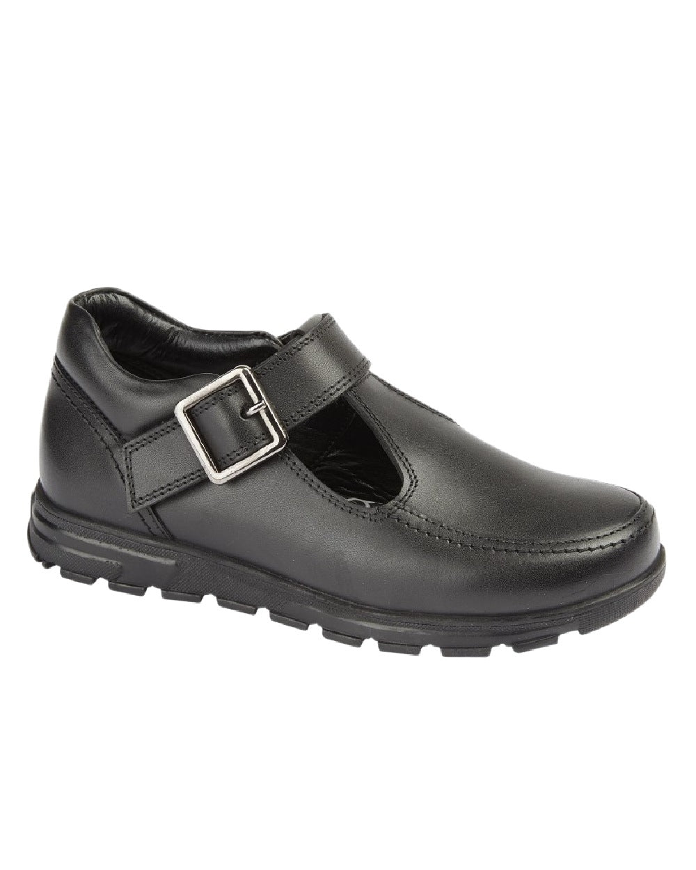 Black Coloured Roamers Childrens Touch Fastening T Bar School Shoes on White Background
