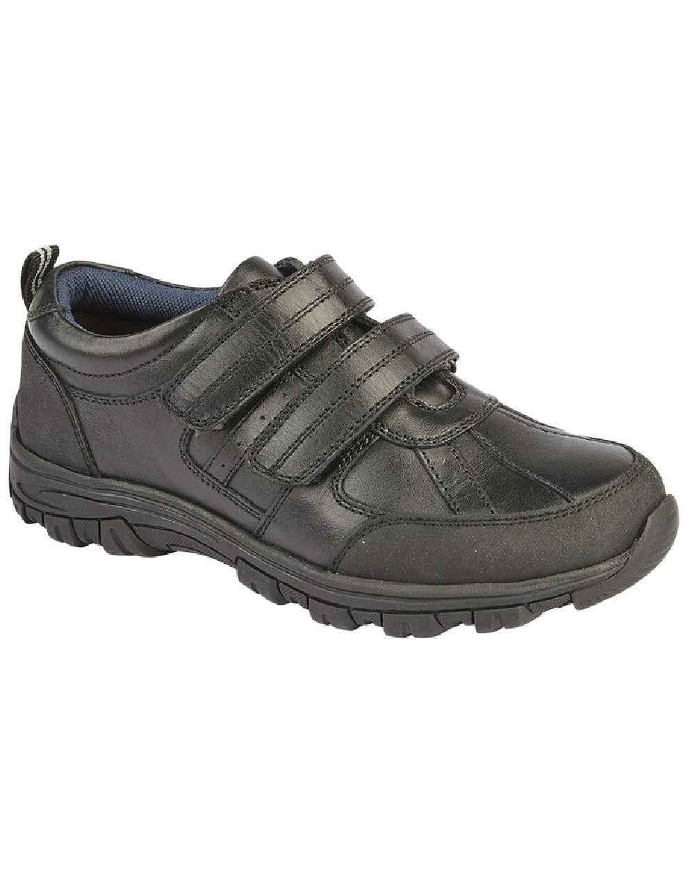 Black Coloured Roamers Childrens Twin Touch Fastening Leather Shoes on White Background
