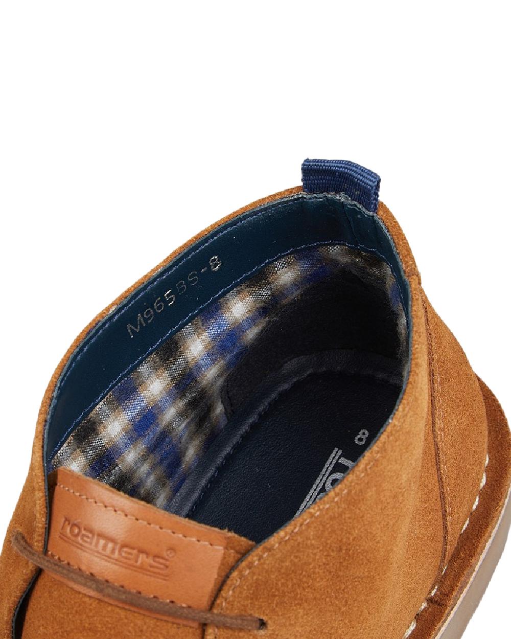 Tan Coloured Roamers Mens 2 Eyelet Real Suede Desert Boots on White Background
