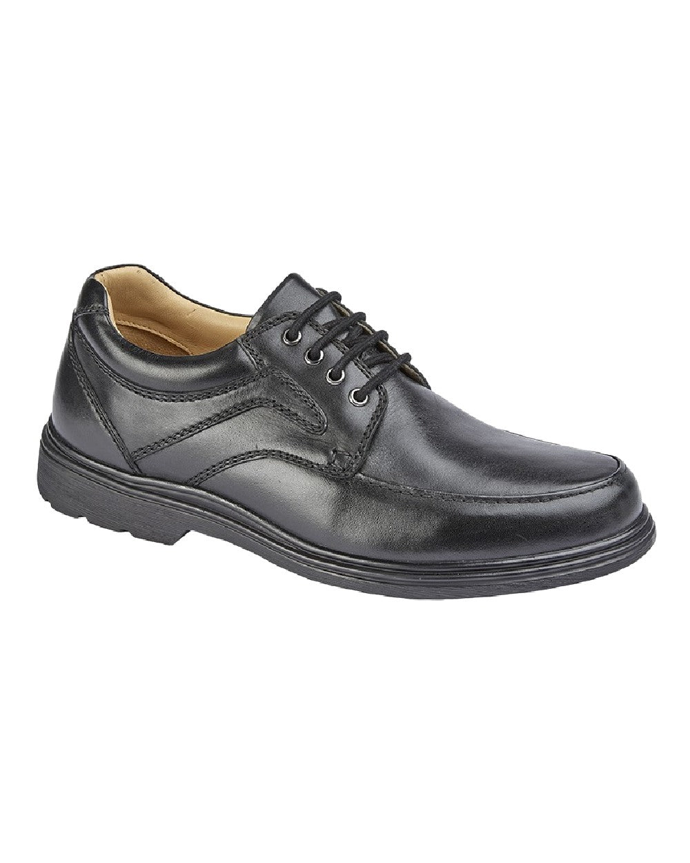 Black Coloured Roamers Mens Extra Wide 4 Eye Lace To Toe Mud Guard Casual Shoes on White Background
