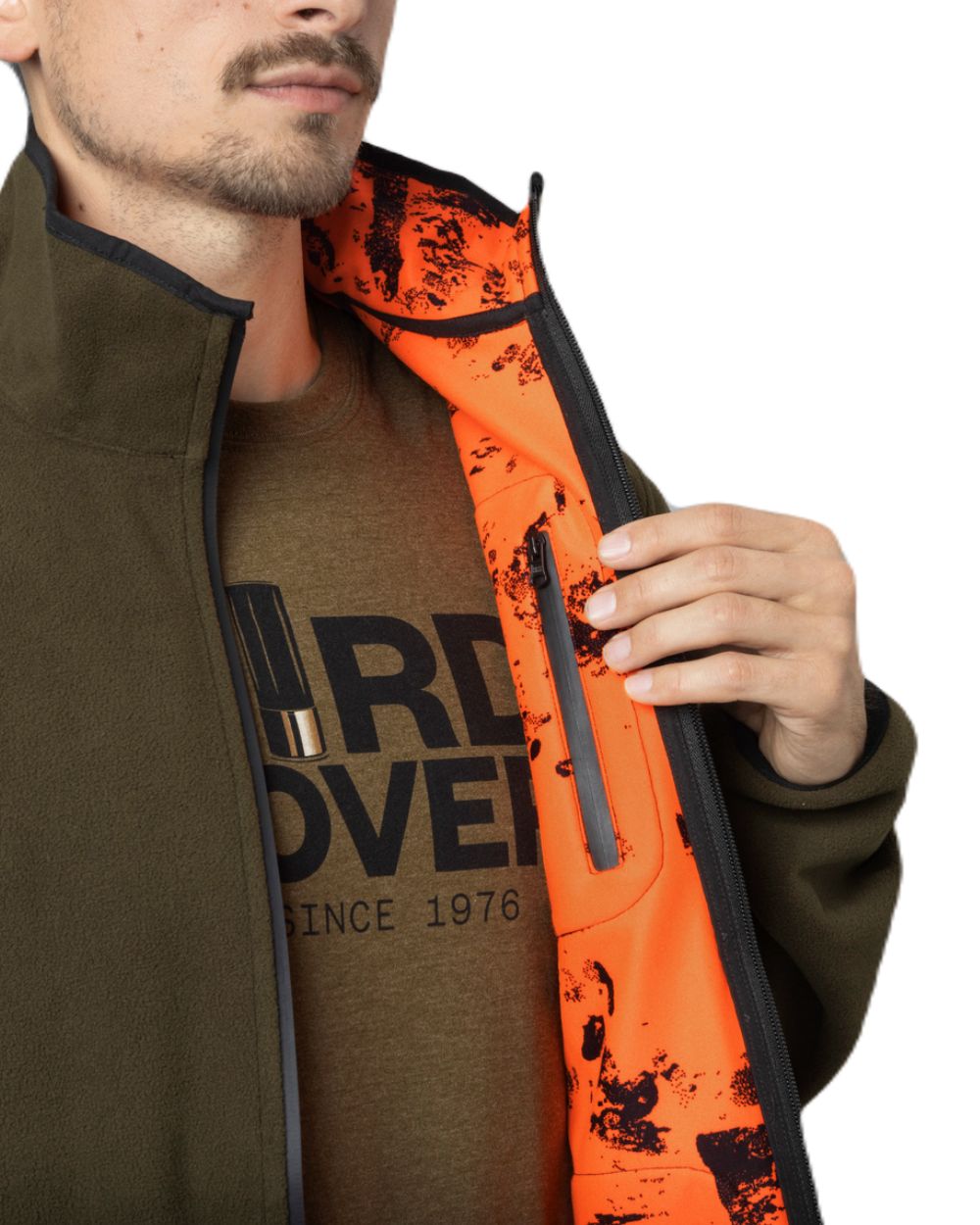 Pine Green/InVis Orange Blaze Coloured Seeland Rogue Reversible Fleece Jacket On A White Background 