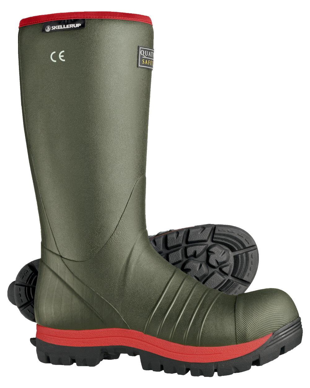 Green Coloured Skellerup Quatro Super Safety S5 Insulated Green Boot On A White Background