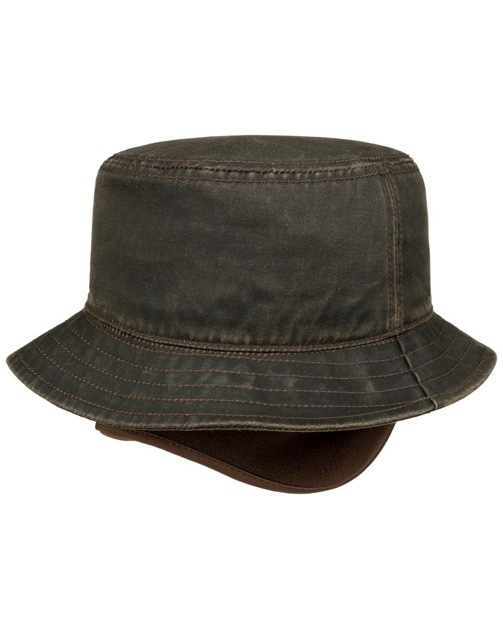 Brown Coloured Stetson Cloth Bucket Hat with Ear Flaps On A White Background