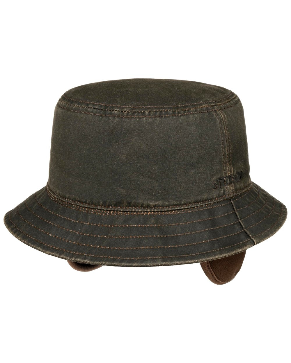 Brown Coloured Stetson Cloth Bucket Hat with Ear Flaps On A White Background