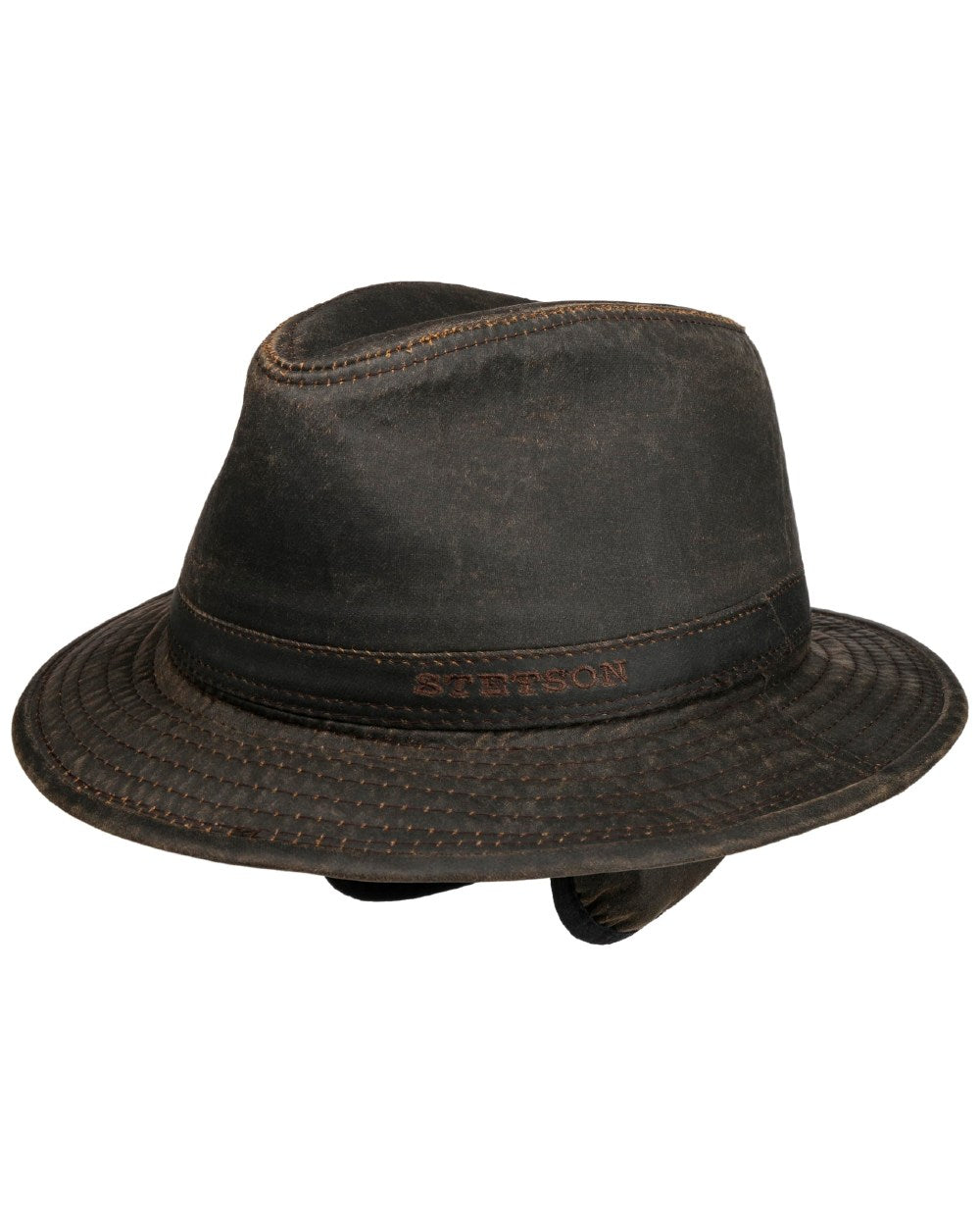 Brown Coloured Stetson Cloth Ear Flaps Traveller Hat On A White Background