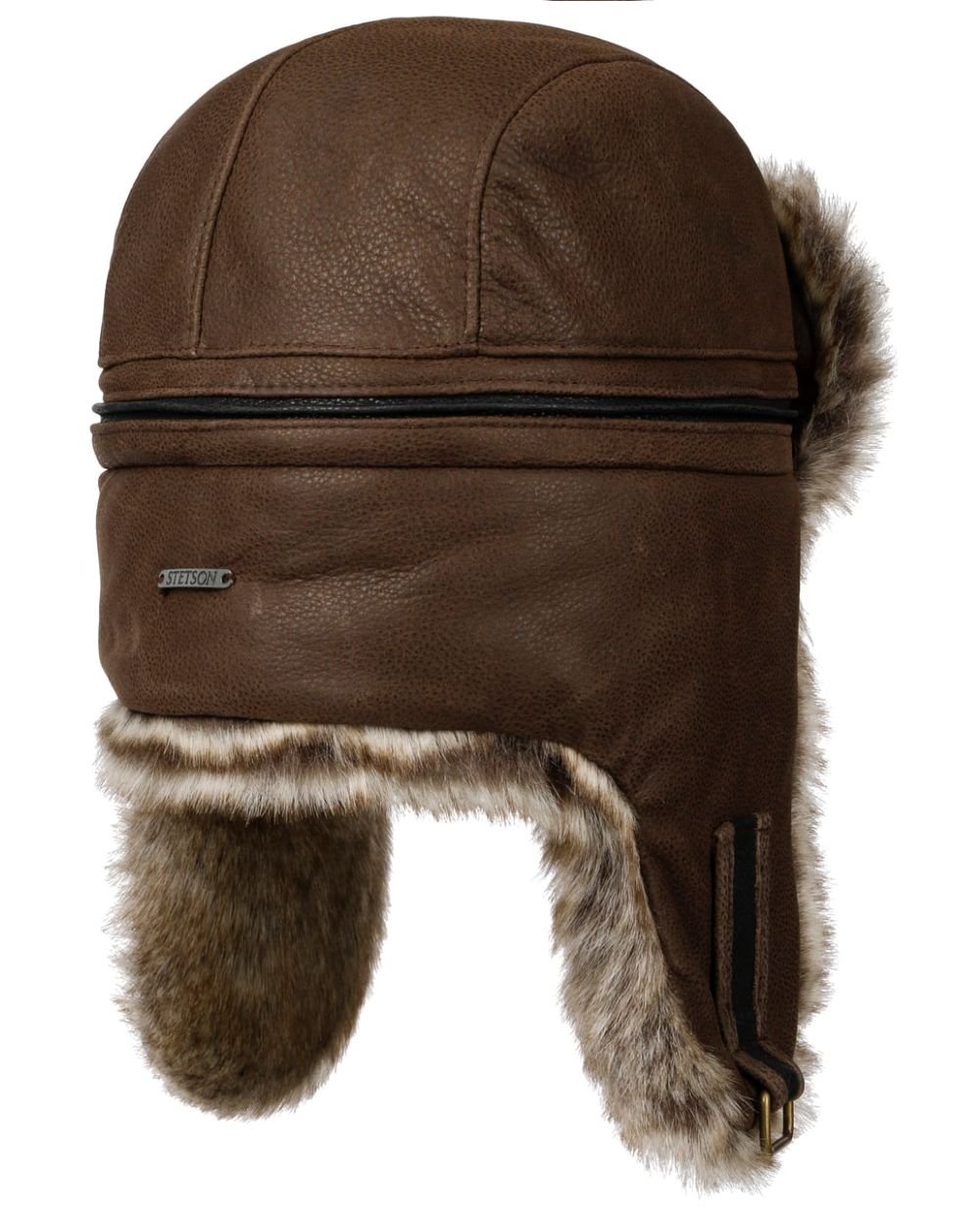 Brown Coloured Stetson Cowhide Bomber Aviator Hat On A White Background 