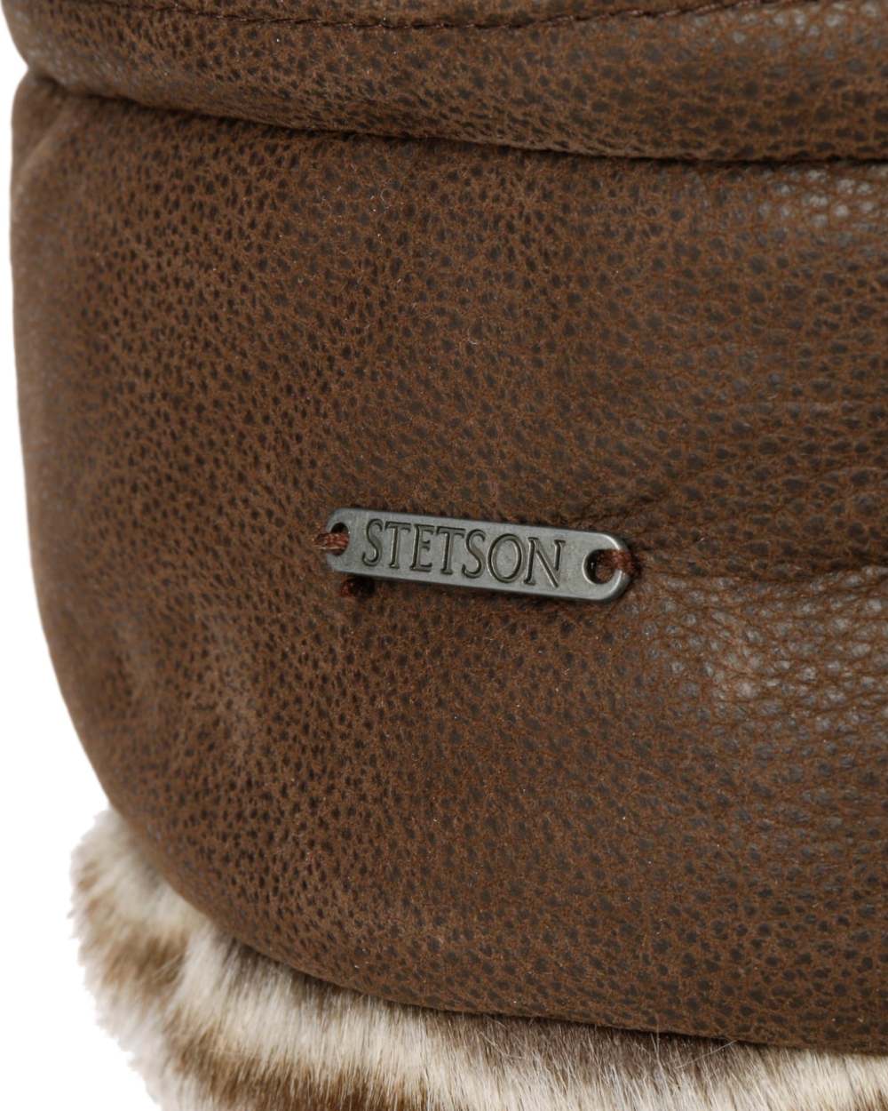 Brown Coloured Stetson Cowhide Bomber Aviator Hat On A White Background 