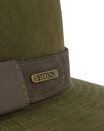 Olive Coloured Stetson Waxed Traveller Cloth Hat On A White Background 