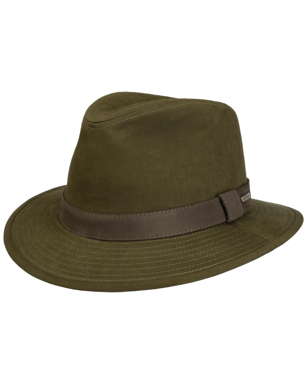 Olive Coloured Stetson Waxed Traveller Cloth Hat On A White Background 