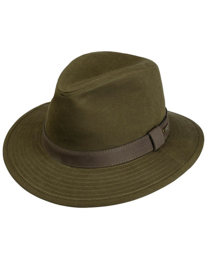 Olive Coloured Stetson Waxed Traveller Cloth Hat On A White Background 