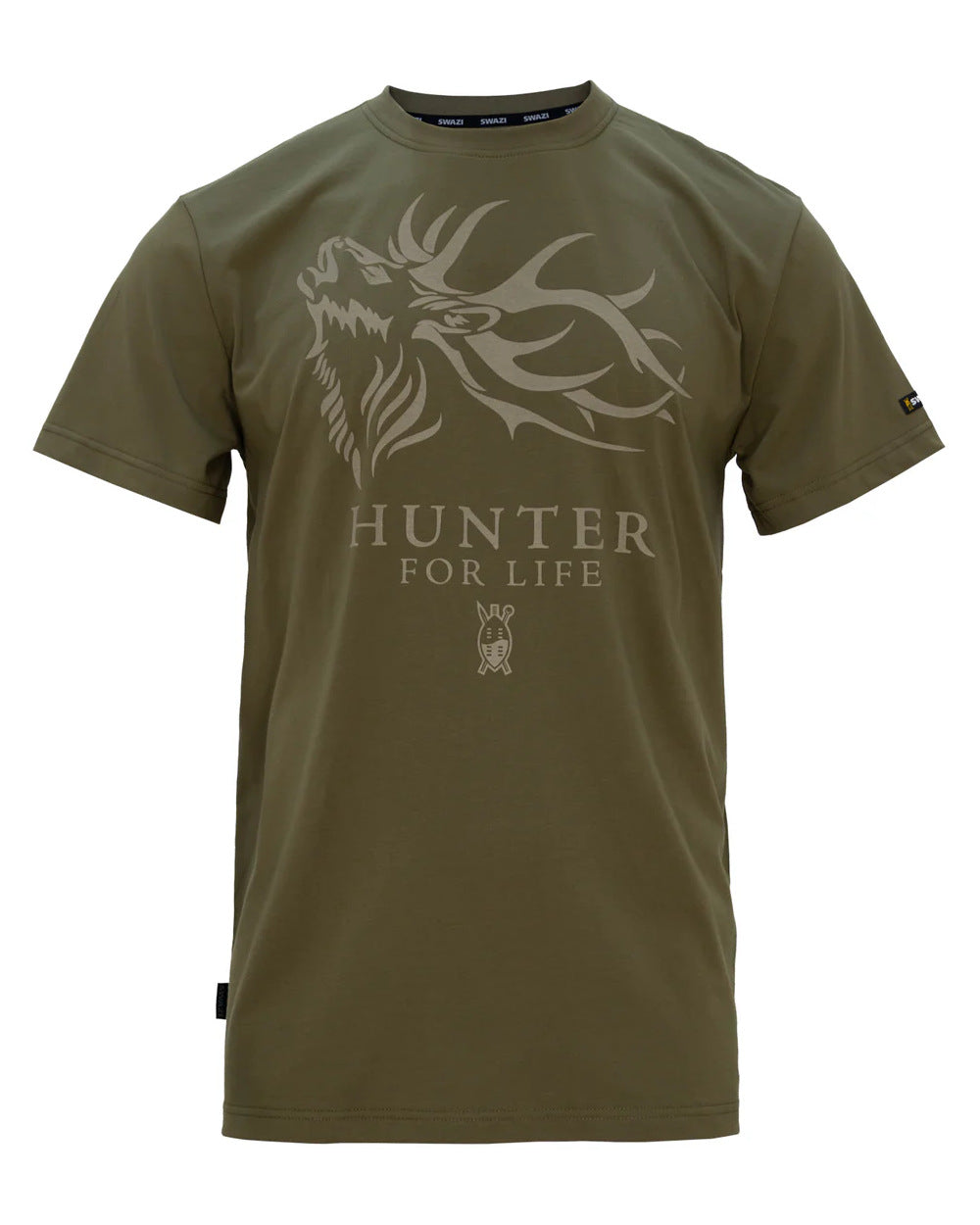 Olive Coloured Swazi Mens Hunter For Life T-Shirt On A White Background 