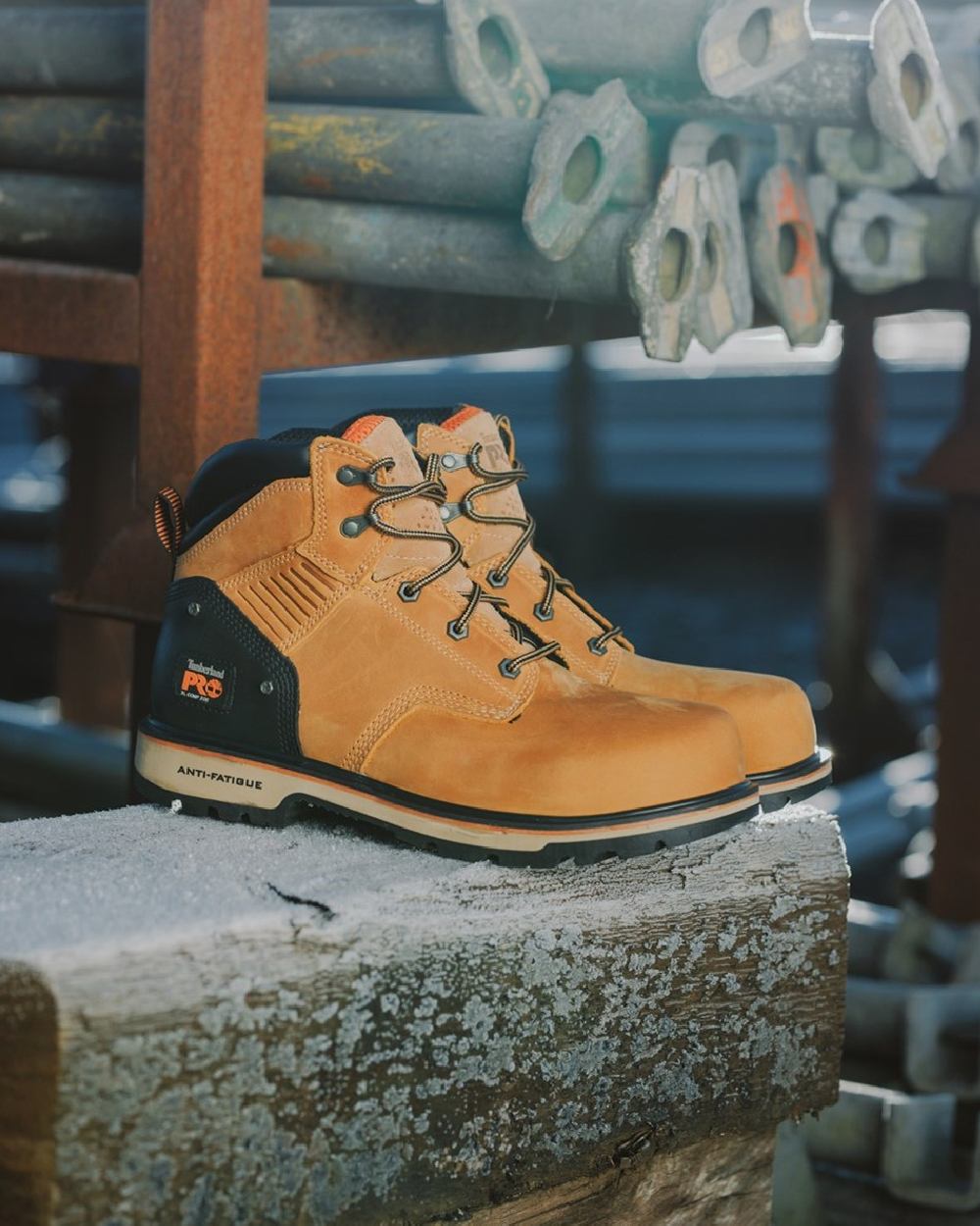 Honey coloured Timberland Pro Ballast Safety Boots on blurry background 