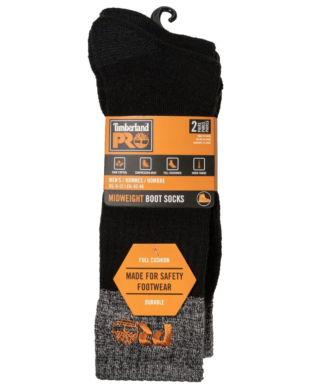 Black coloured Timberland Pro Colour Block Full Cushion Boot Sock 2 Packs on white background 