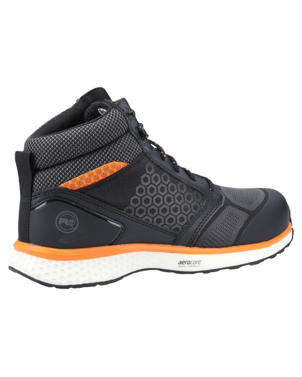 Black Orange Coloured Timberland Pro Mens Reaxion Mid Composite Safety Boots 2.0 on White Background
