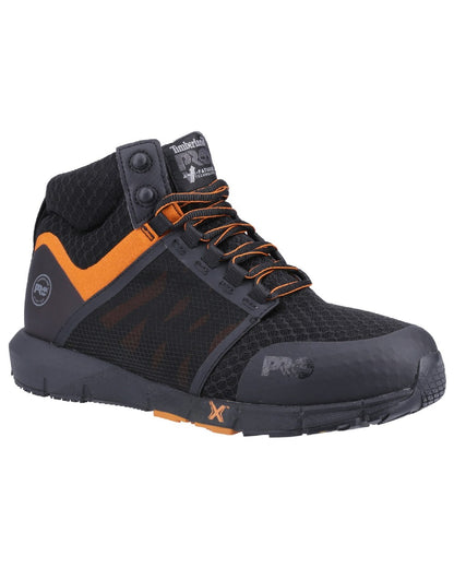 Black/Orange coloured Timberland Pro Radius Boots on white background 